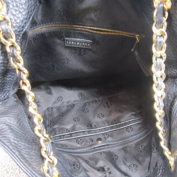 Tory Burch Tote Bag Black Letaher Logo Gold Chain - Picture 3 of 4